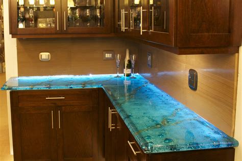 Lovely Bright Aqua Gold Colorfuse™ Glass Counter Top Resin Countertops Kitchen Countertops