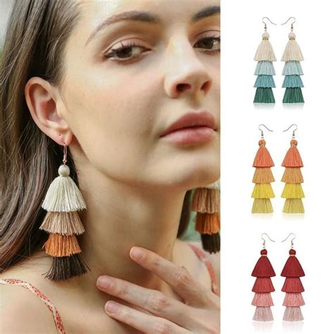 buy bohemian fringe long gradient multilayer drop earrings women silk fabric ethnic tassel