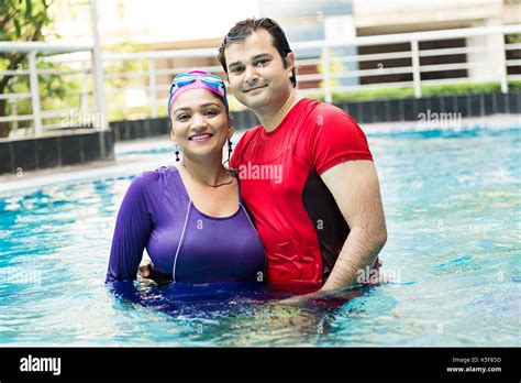 Indian Couple Bathing Swimming Pool Hotel Summer Day Enjoying Stock