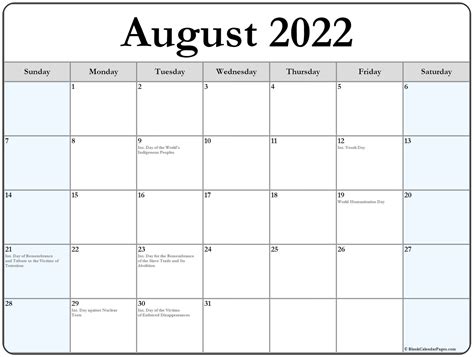 August 2022 With Holidays Calendar