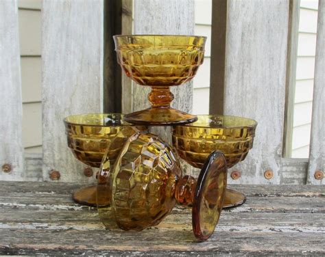 Set Of Four Amber Glass Sherbet Dishes Indiana Glass Whitehall Pattern Coupe Glasses Vintage
