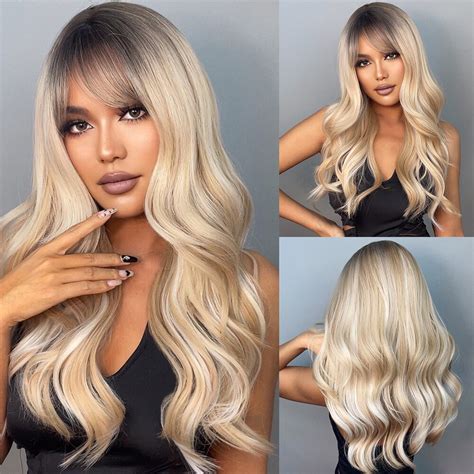 haircube long ombre brown black light blonde synthetic wigs with bangs heat resistant straight