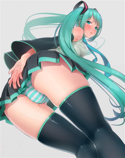 Ama Mitsuki Hatsune Miku Vocaloid 1girl Aqua Eyes Aqua Hair Ass Bare Shoulders Bent Over