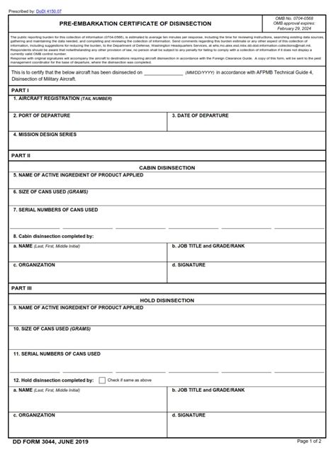 Dd Form 3044 Pre Embarkation Certificate Of Disinsection Dd Forms
