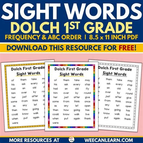 First Grade Dolch Sight Word List Alphabetical Frequency Free