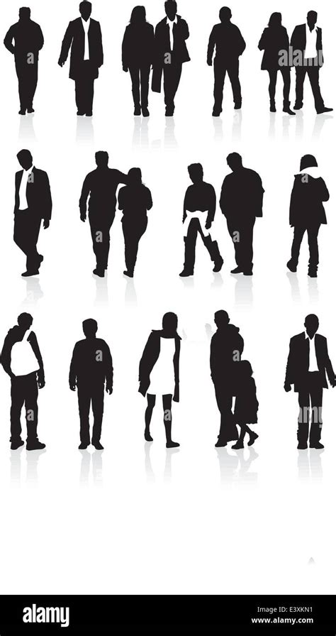 a group of black silhouettes highly detailed of people in different walking positions stock