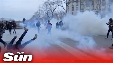Riot Police Use Tear Gas And Clash With Protesters In Paris And Rennes Youtube