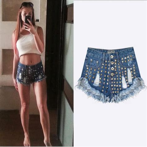 Sexy Rivet Tassel Jeans Women High Waist Ripped Hole Jeans Shorts