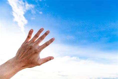Man Show Hand Up On Sky Protect From Sunlight Stock Image Image Of