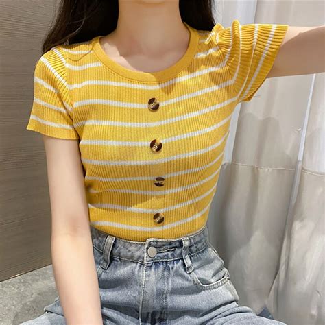 Lucyever Korean Style Knitted Striped T Shirts Women Summer Round Neck Slim Fit Tees Tops Woman