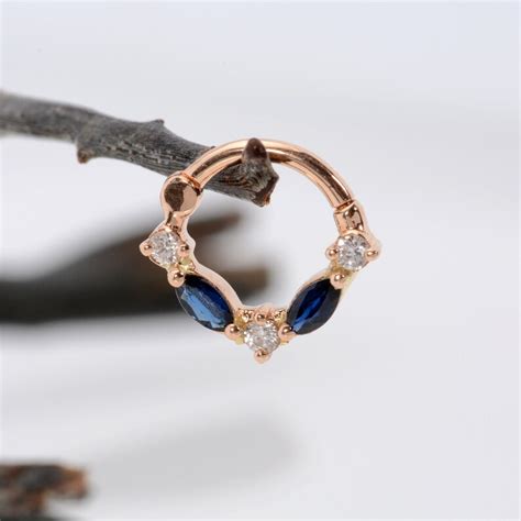 piercing 14k solid gold septum clicker marquise sapphires etsy