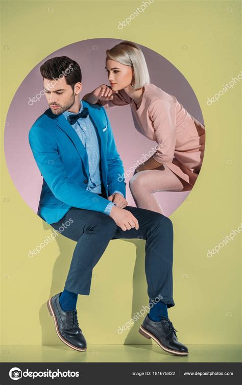 Beautiful Couple Stylish Clothes Looking Yellow — Stock Photo