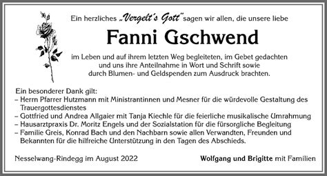 Traueranzeigen von Fanni Gschwend Allgäuer Zeitung