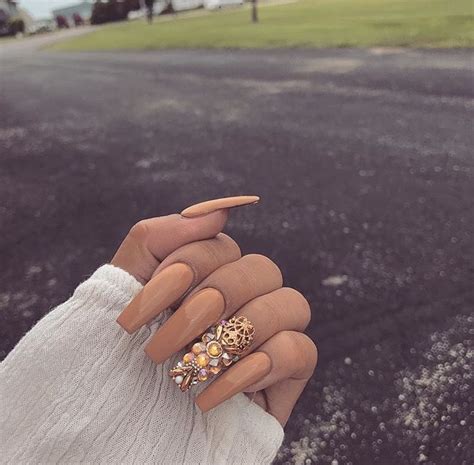 Nude Peach With Gold Diamonds Coffin Nails Coffin Nails Glitter