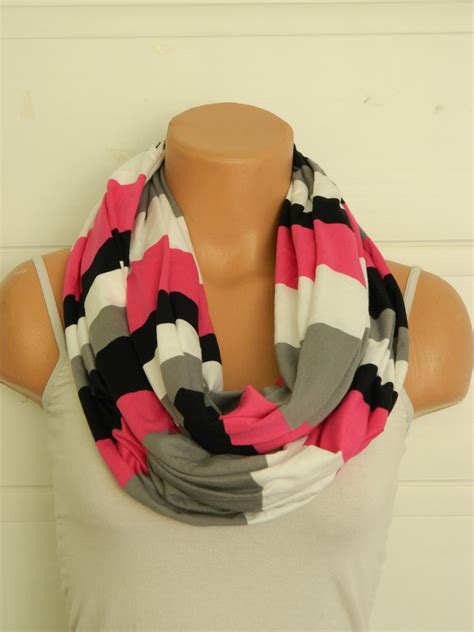 Striped Infinity Scarf Textile Pinkblackgrey And White