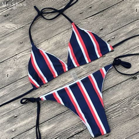 Misshow Popular Women Bikinis Set Striped Women Swimsuits Halter Bathing Suits Thong Beach Low
