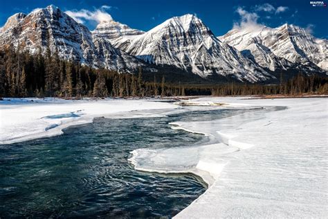 Canada Winter River Mountains Beautiful Views Wallpapers 4500x3003