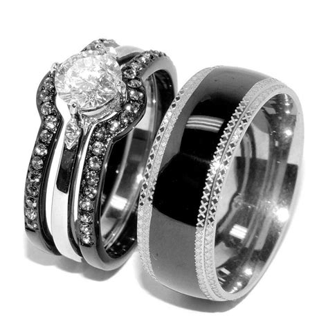 Two Black And White Wedding Rings With Diamonds