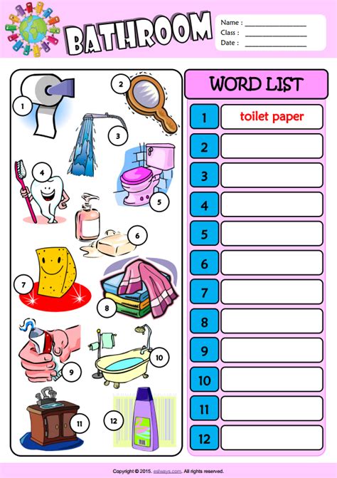 Bathroom Esl Vocabulary Write The Words Worksheet For Kids