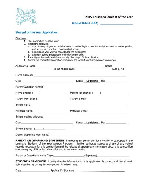 Louisiana Student Of Year Application 2015 2024 Form Fill Out And