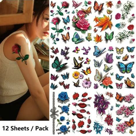 12pcs Temporary Tattoo Stickers Waterproof Rose Butterfly Lips Print Body Art 1099 Picclick