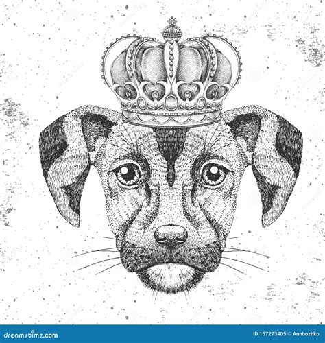 Retro Hipster Animal Dog In Crown Hand Drawing Muzzle Of Dog Stock