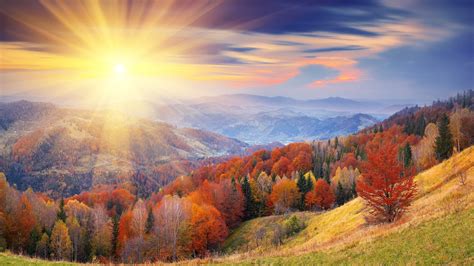 Autumn Sunlight Hills Trees Foliage Mountains Wallpapers Hd