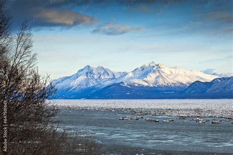 Snow Covered Chugach Mountains Over Knik Arm With Ice Flows On The