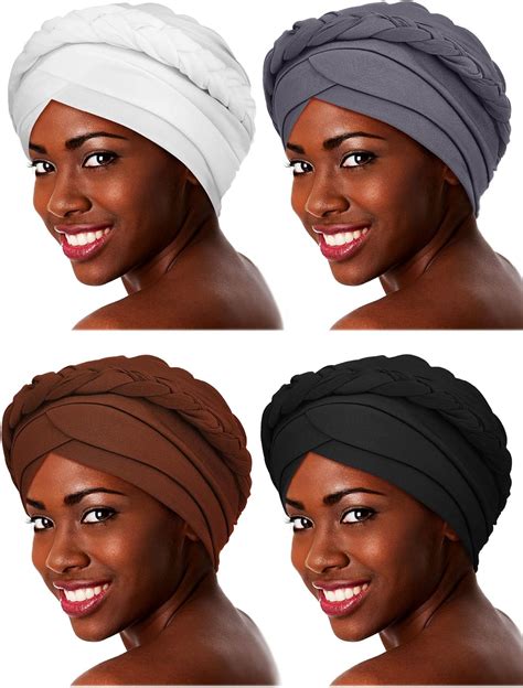4 Pieces African Turban Hijab Braid Silky Turban Hats Braid Hair Cover