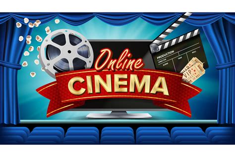 Online Cinema Banner Vector Realistic Computer Monitor Movie Brochure