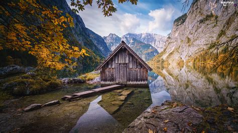 Viewes Trees Wooden Obersee Lake House Cottage Alps Mountains