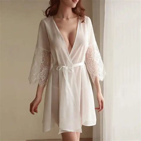 White Hot See Through Lace Nightgown Women Sexy Loose Summer Patchwork Lingerie Dress Lace