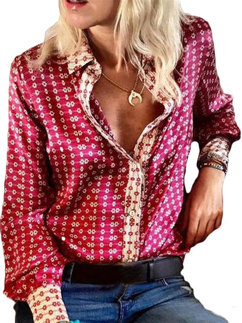 Wodstyle - Women's Satin Silk Floral Button Collar Long Sleeve Tops V 