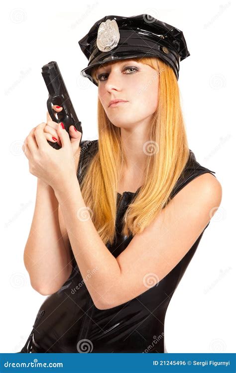 Beautiful Police Girl With Handgun Stock Photo Image Of Lingerie