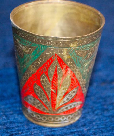 Antique Brass Lassi Cup Hand Made Engraved Red And Green