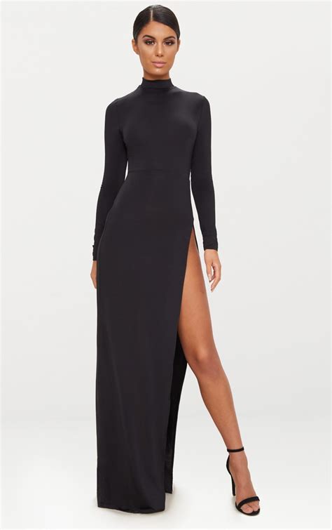 Black Side Split Long Sleeve Maxi Dress Prettylittlething Usa