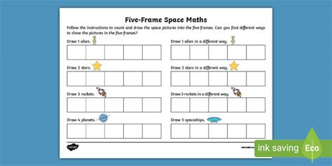 👉 Representing Numbers to 5 Five-Frame Space Maths Worksheet