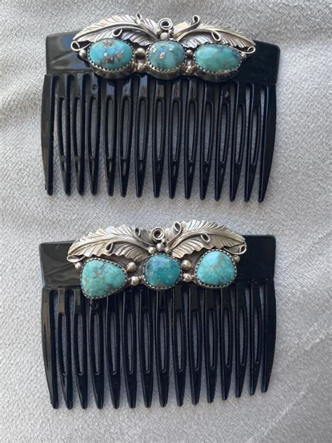 Navajo Lydia Begay Sterling Silver Kingman Turquoise Pair Of Paris Hair