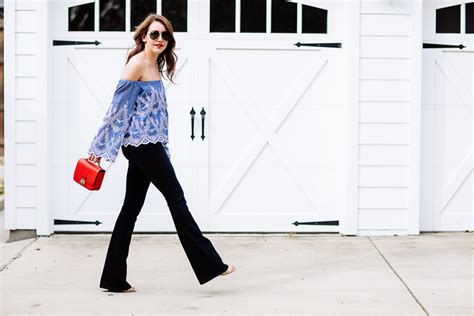 Dallas Blogger Amy Havins Wears A Blue Off The Shoulder Blouse By