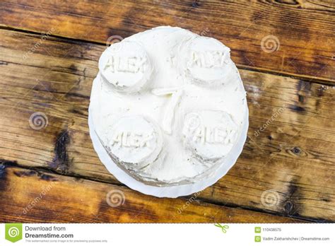 Homemade Birthday`s White Cake For 7 Year Old Boy Round Cake In The