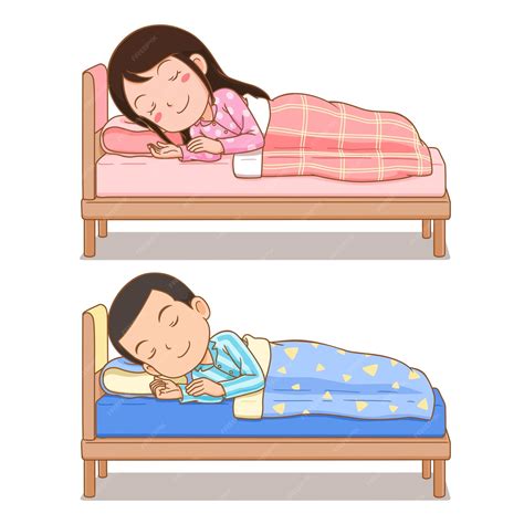 Personaje De Dibujos Animados De Niño Y Niña Durmiendo En La Cama