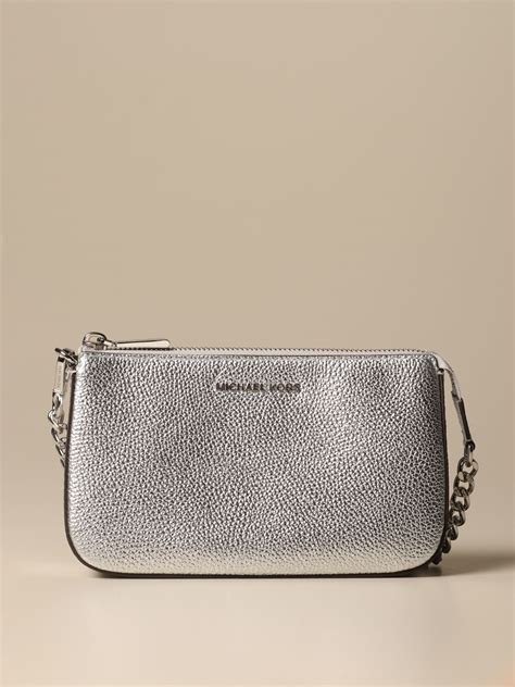 Michael Kors Michael Chain Clutch In Laminated Leather Silver