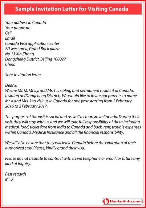Invitation Letter For Canada Visitor Visa Sample