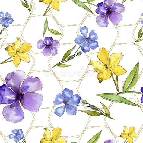 Watercolor Blue And Yellow Flax Flowers Floral Botanical Flower