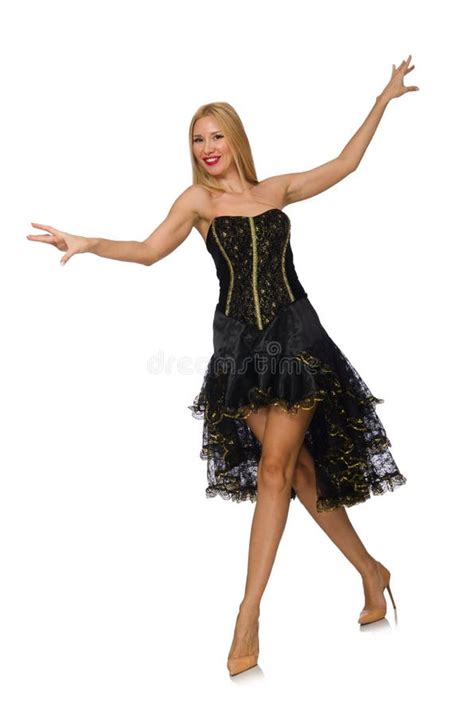 Blond Hair Girl In Black Evening Dress Isolated On Stock Photo Image