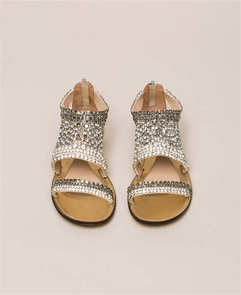 Flat Leather Sandals With Rhinestones Woman White Twinset Milano