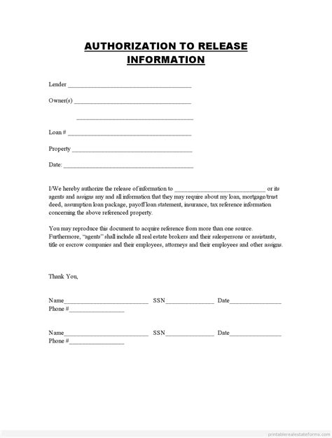 Release Of Information Forms Printable Blank Template