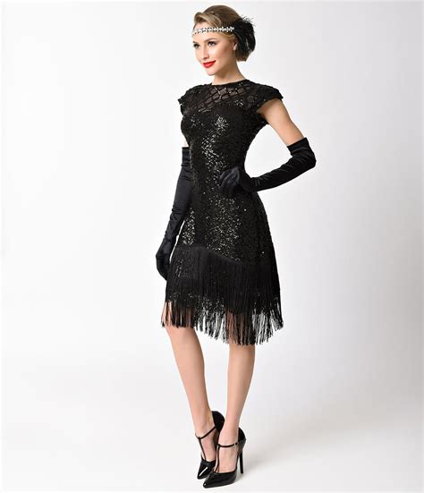 Unique Vintage 1920s Black Sequin Fringe Del Mar Flapper Dress Fringe