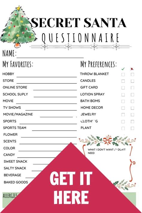 Printable Secret Santa Questionnaire For Christmas Gift Exchange Questions X Work Secret Santa