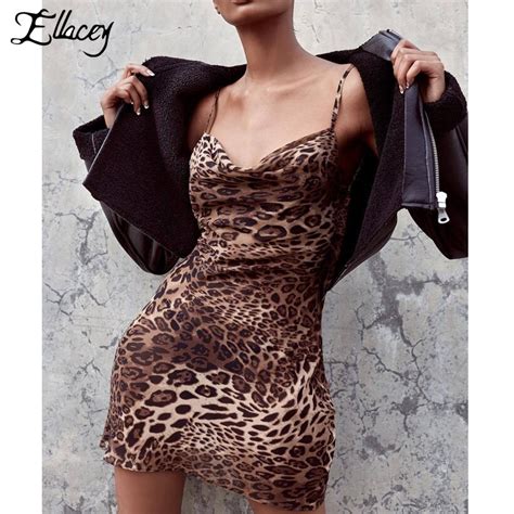 Ellacey New 2018 Summer Sexy Leopard Club Party Dresses Women Spaghetti Strap Mini Leopard Dress